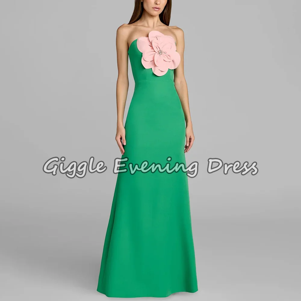 Simple Green Satin Evening Dresses Pink 3D Flowers Strapless Sleeveless High Quality Floor Length Long Mermaid Prom Gowns
Simple Green Satin Evening Dresses Pink 3D Flowers Strapless Sleeveless High Quality Floor Length Long Mermaid Prom Gowns