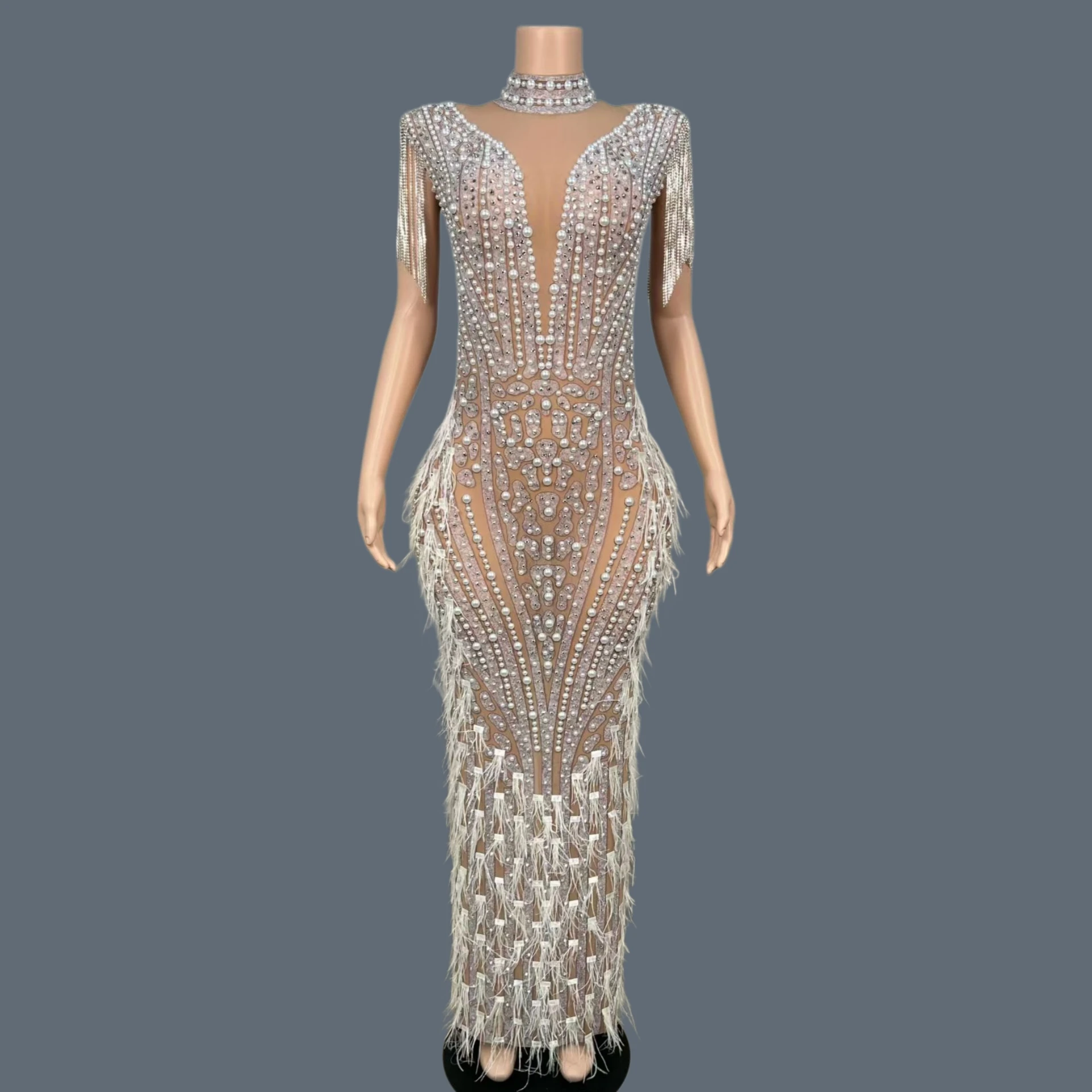 Luxury Sparkly Rhinestone Nude Sheer Mesh Long Dress Women High Neck Elastic White Feather Fringe Pearls Evening Gown Lingdong
Luxury Sparkly Rhinestone Nude Sheer Mesh Long Dress Women High Neck Elastic White Feather Fringe Pearls Evening Gown Lingdong