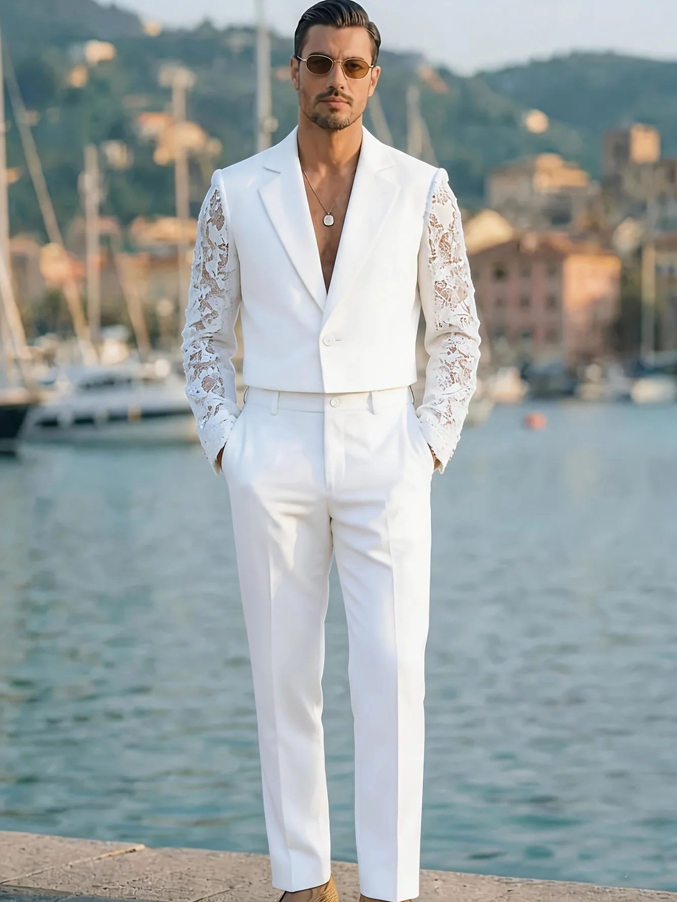 Men White Tuxedo with Lace Sleeve Cropped Blazer & Straight Pants Slim Fit Formal Wedding Party Outfit
Men White Tuxedo with Lace Sleeve Cropped Blazer & Straight Pants Slim Fit Formal Wedding Party Outfit