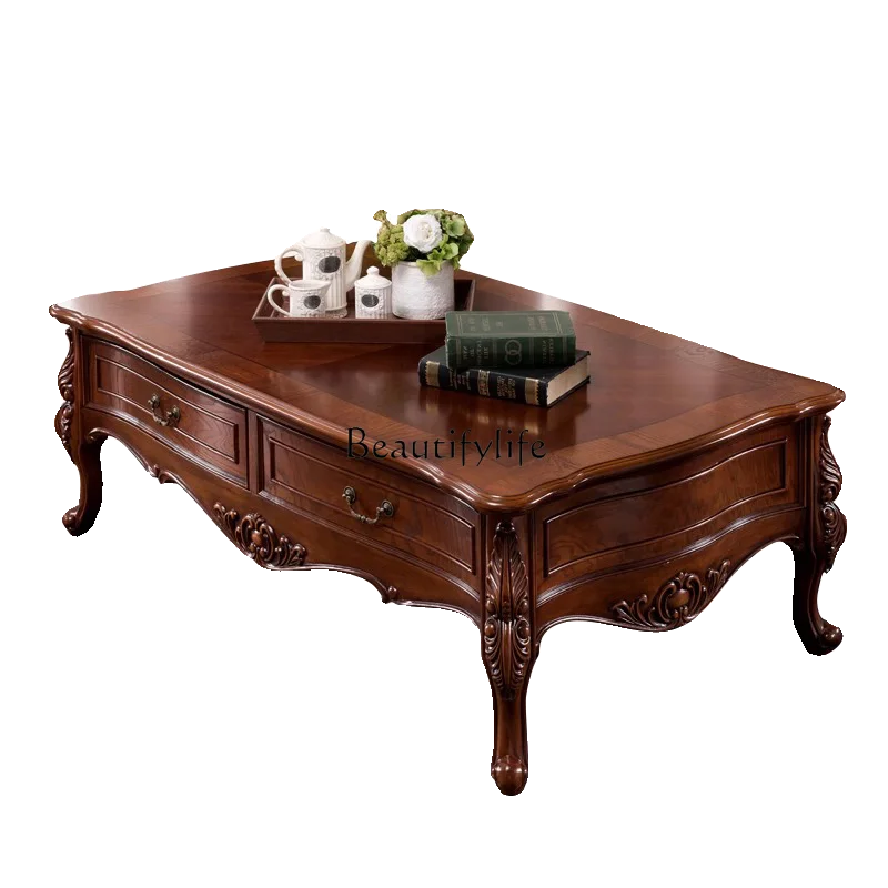 American solid wood coffee table rectangular European retro coffee table carved multi-pump luxury
American solid wood coffee table rectangular European retro coffee table carved multi-pump luxury
