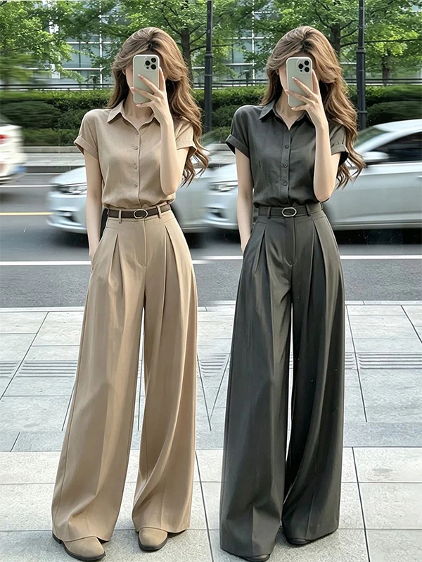 Slimming High Waist Wide Leg Pants Shirt Collar Short Sleeve Two Piece Set Women's Fashion Summer Outfit Elegant Thinming
Slimming High Waist Wide Leg Pants Shirt Collar Short Sleeve Two Piece Set Women's Fashion Summer Outfit Elegant Thinming
