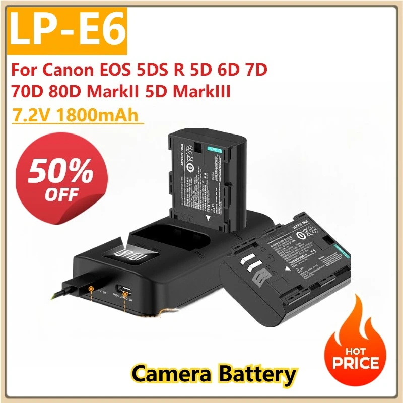 Camera Battery 7.2V 1800mAh LP E6 LP-E6 E6N + LED Dual Charger For Canon EOS 5DS R 5D 6D 7D 70D 80D MarkII 5D MarkIII 
Camera Battery 7.2V 1800mAh LP E6 LP-E6 E6N + LED Dual Charger For Canon EOS 5DS R 5D 6D 7D 70D 80D MarkII 5D MarkIII