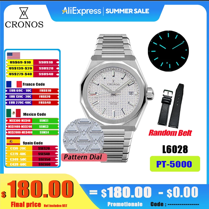 Cronos Luxury Men Watch 39mm Automatic PT5000 SW200 Wristwatches Sapphire 10ATM See-through Back L6028M V2
Cronos Luxury Men Watch 39mm Automatic PT5000 SW200 Wristwatches Sapphire 10ATM See-through Back L6028M V2