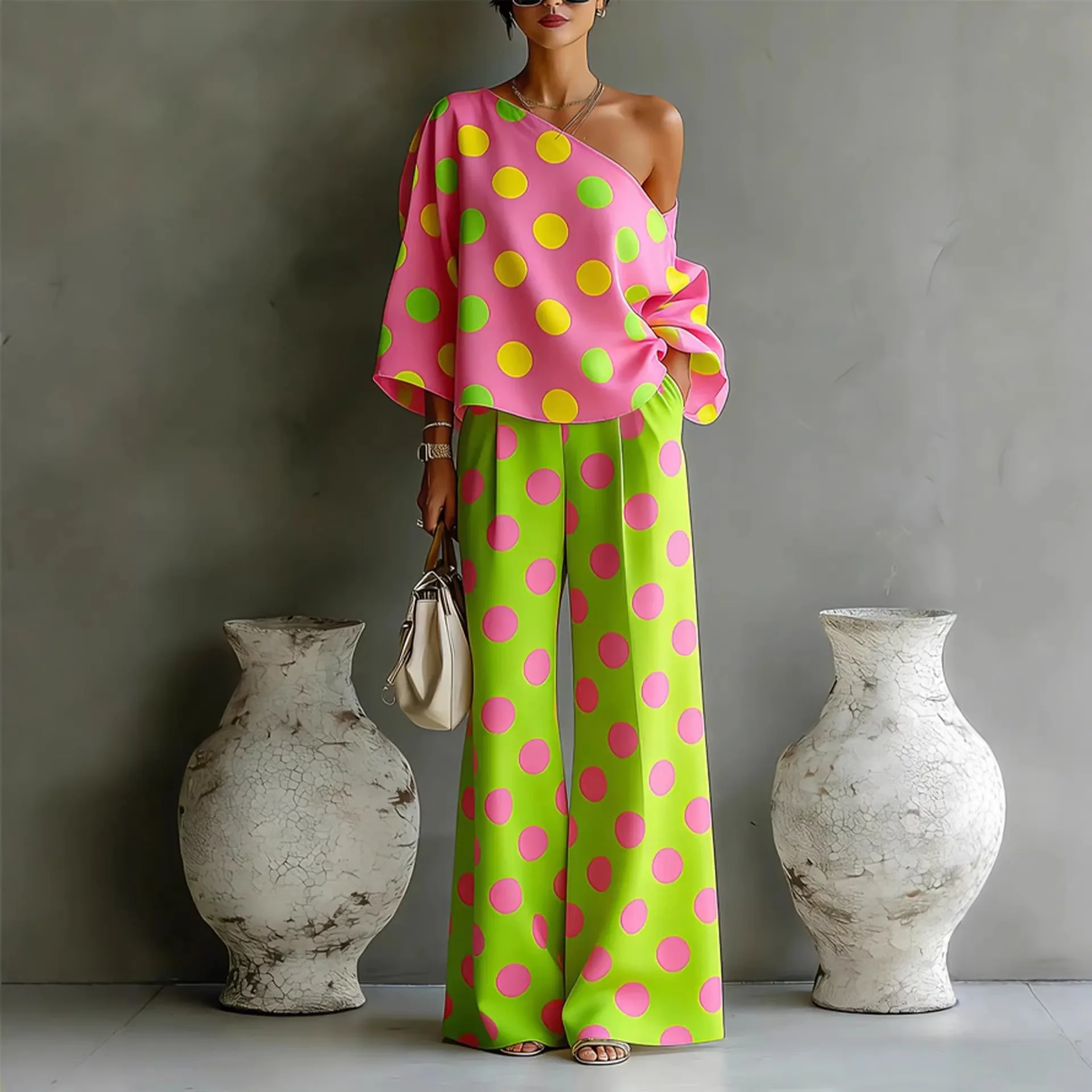 Summer New Color Wave Point Set Women Slant Shoulder Open Back Top+High Waist Wide Leg Pants Vacation Style Loose 2 Piece Suit
Summer New Color Wave Point Set Women Slant Shoulder Open Back Top+High Waist Wide Leg Pants Vacation Style Loose 2 Piece Suit