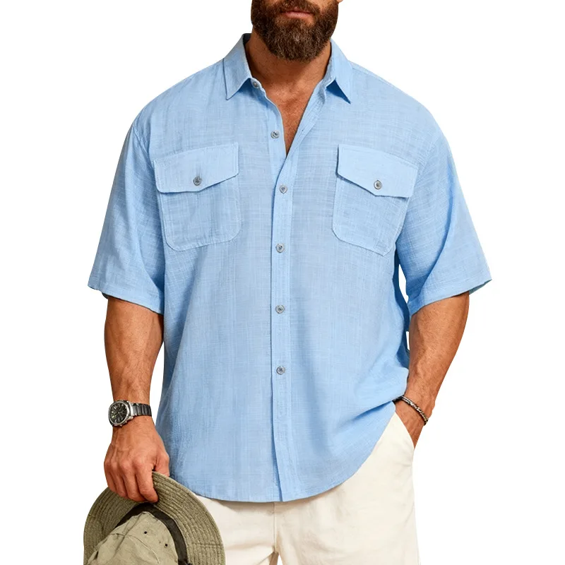 Men's summer loose solid color multi-pocket American large size imitation hemp lapel tooling casual short-sleeved shirt men's
Men's summer loose solid color multi-pocket American large size imitation hemp lapel tooling casual short-sleeved shirt men's