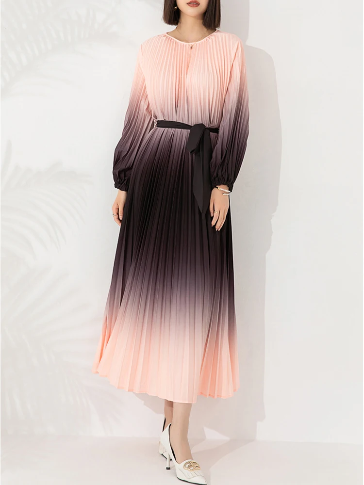 Fashion Gradient Lace Up Fold Dresses Spring Women Puff Sleeve O Neck Loose Dress Autumn High Waist Pullover Ankle Length Dress
Fashion Gradient Lace Up Fold Dresses Spring Women Puff Sleeve O Neck Loose Dress Autumn High Waist Pullover Ankle Length Dress