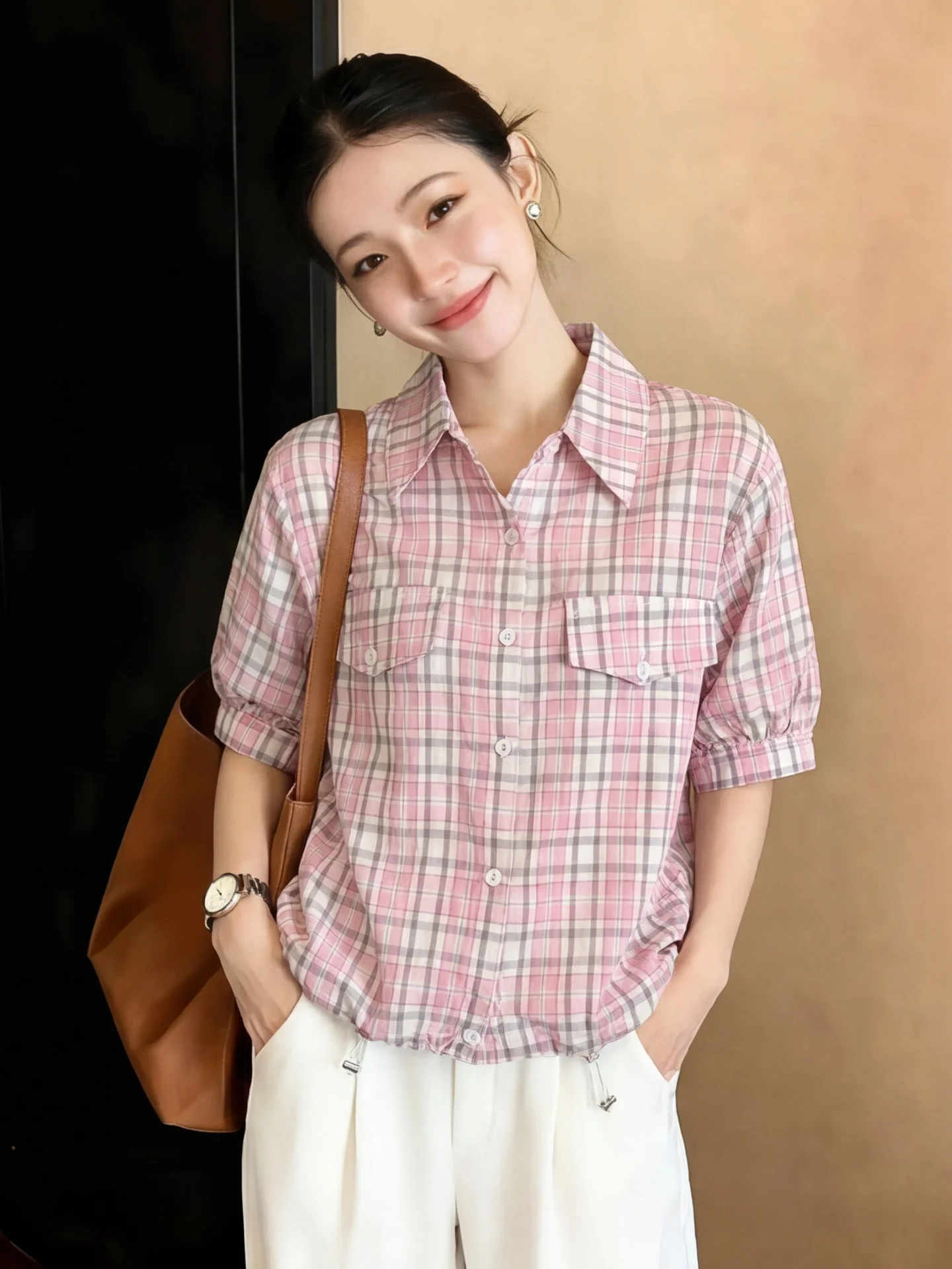 Pink Plaid Collar Drawstring Two-Way Wear Short Thin Women's Shirt Unique Beautiful French Style Breathable Summer Top
Pink Plaid Collar Drawstring Two-Way Wear Short Thin Women's Shirt Unique Beautiful French Style Breathable Summer Top