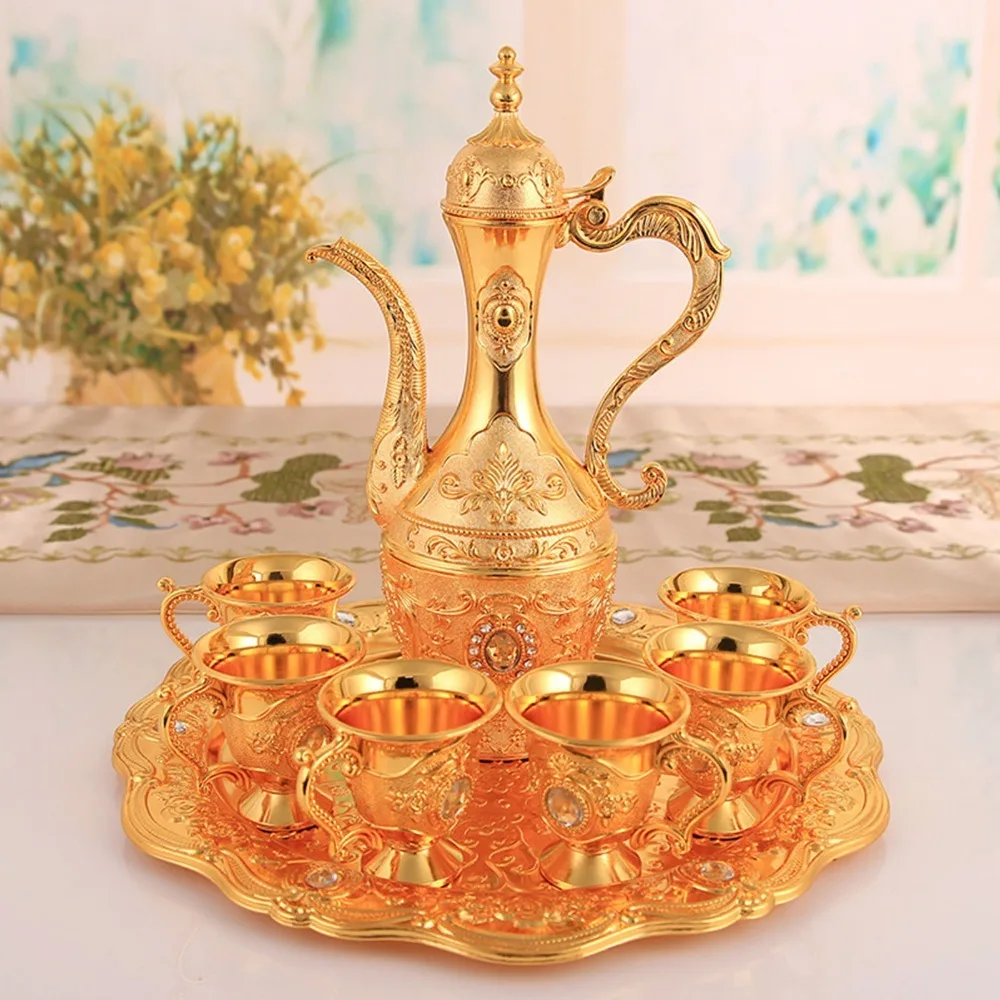 8pcs Zinc Alloy Turkish Tea Set 6 Cups Included With Tray Wine Glass Pot Set Silver Gold Decorative Tea Service Set
8pcs Zinc Alloy Turkish Tea Set 6 Cups Included With Tray Wine Glass Pot Set Silver Gold Decorative Tea Service Set