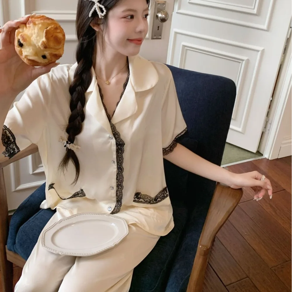 Summer Clothes Elegant Women's Pajamas 2 Piece Nighty Short Sleeve Sleepwear Nightwear for Woman Lapel Top Trousers Home Wear
Summer Clothes Elegant Women's Pajamas 2 Piece Nighty Short Sleeve Sleepwear Nightwear for Woman Lapel Top Trousers Home Wear
