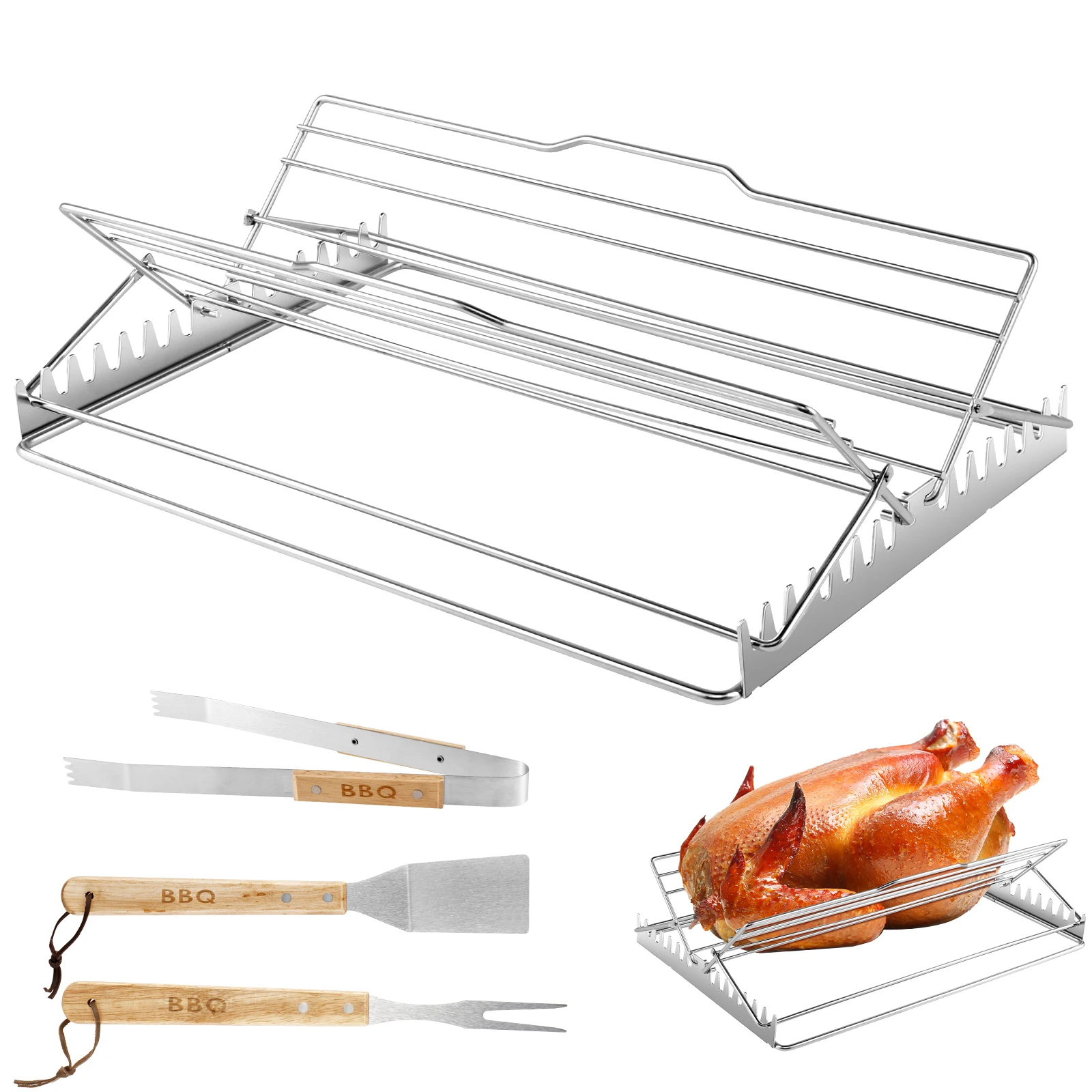 Turkey Roasting Rack Adjustable BBQ Rib Rack Stainless Steel Turkey Roaster Rack Portable Rectangular Roasting Racks with Wooden
Turkey Roasting Rack Adjustable BBQ Rib Rack Stainless Steel Turkey Roaster Rack Portable Rectangular Roasting Racks with Wooden