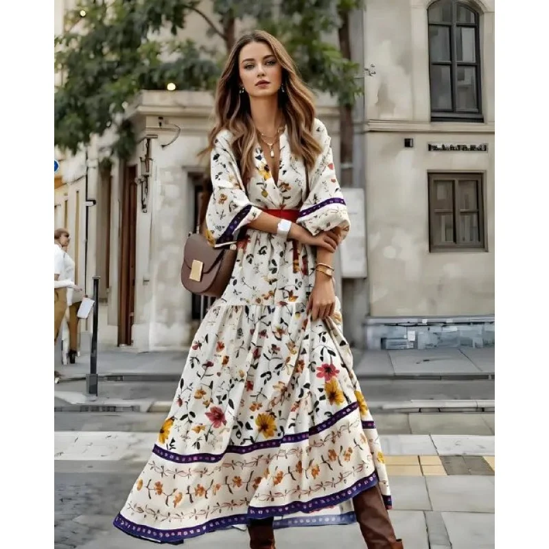 Boho Floral V Neck Dress - Women's 3/4 Sleeve Polyester Maxi Dress Casual Beach Cover Up Summer Vacation Outfit
Boho Floral V Neck Dress - Women's 3/4 Sleeve Polyester Maxi Dress Casual Beach Cover Up Summer Vacation Outfit