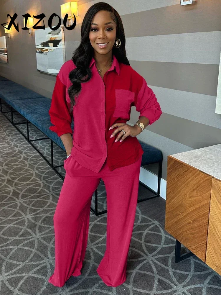XIZOU Fashion Women's Set Long Sleeve Color Blocked Shirt and Wide Leg Straight Pants 2024 Two 2 Piece Sets Outfits Tracksuit
XIZOU Fashion Women's Set Long Sleeve Color Blocked Shirt and Wide Leg Straight Pants 2024 Two 2 Piece Sets Outfits Tracksuit