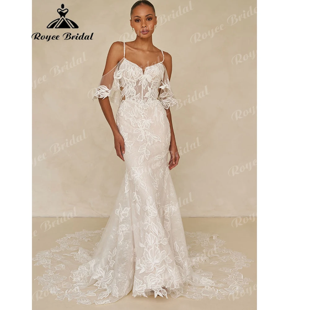 Spaghetti Strap Off-the-Shoulder Lace Mermaid Wedding Dress with Floral Appliques Cathedral Train Bridal Gown Customized
Spaghetti Strap Off-the-Shoulder Lace Mermaid Wedding Dress with Floral Appliques Cathedral Train Bridal Gown Customized