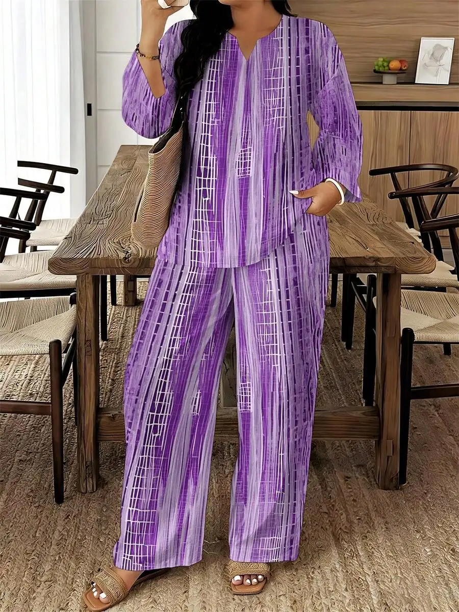 Purple Gradient Striped Plus Size V-Neck 3/4 Sleeve Top And Wide Leg Pants Set Loose Comfortable Two-Piece Outfit For Spring
Purple Gradient Striped Plus Size V-Neck 3/4 Sleeve Top And Wide Leg Pants Set Loose Comfortable Two-Piece Outfit For Spring