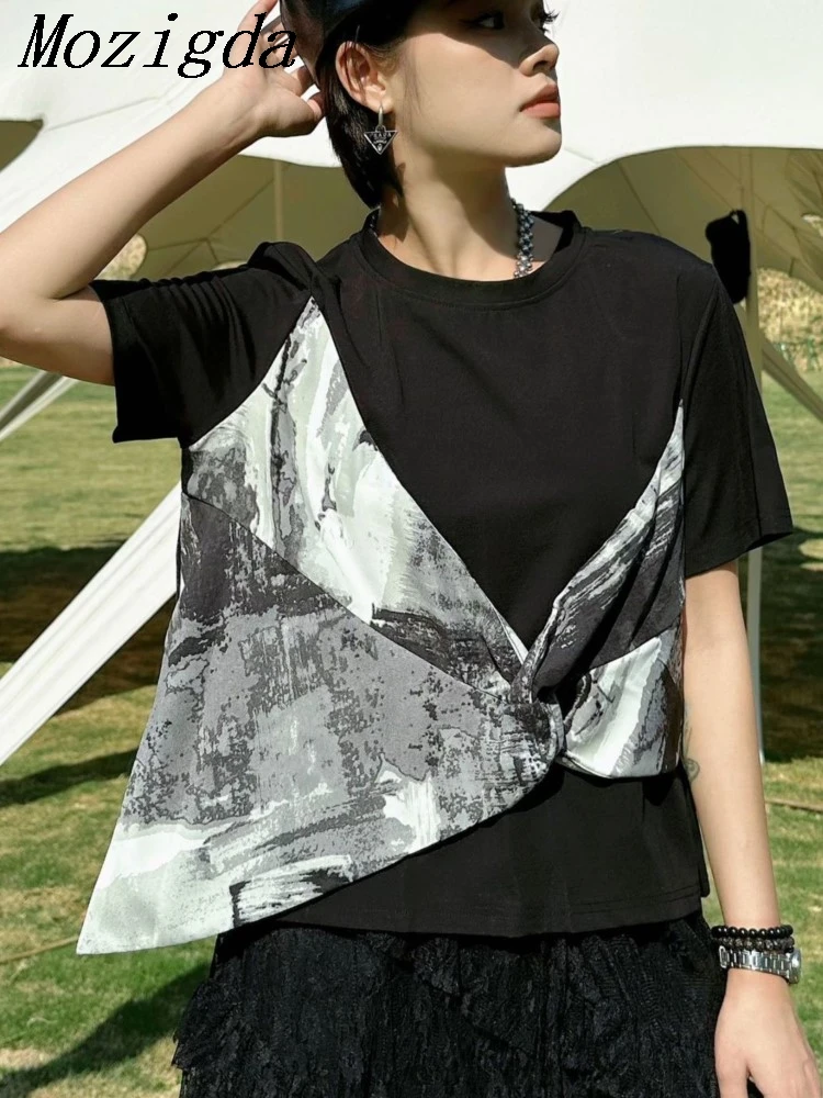Summer Women Black Printed Irregular Spliced Big Size T-shirt New Round Neck Short Sleeve Fashion Tide Ladies Tops
Summer Women Black Printed Irregular Spliced Big Size T-shirt New Round Neck Short Sleeve Fashion Tide Ladies Tops