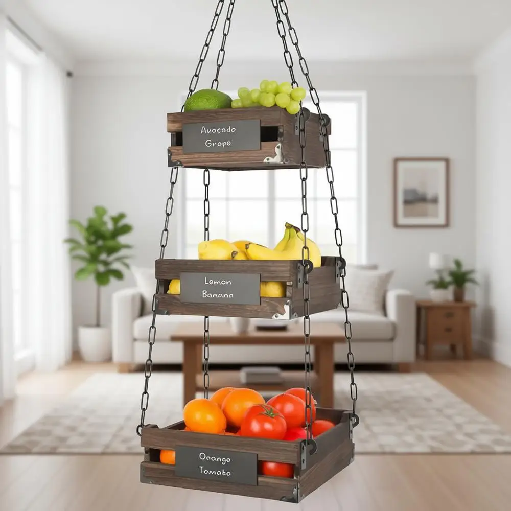 Деревянная 3-ярусная корзина для фруктов в деревенском стиле - органайзер для кухни с металлическими крючками, экономия места на столешнице
Деревянная 3-ярусная корзина для фруктов в деревенском стиле - органайзер для кухни с металлическими крючками, экономия места на столешнице