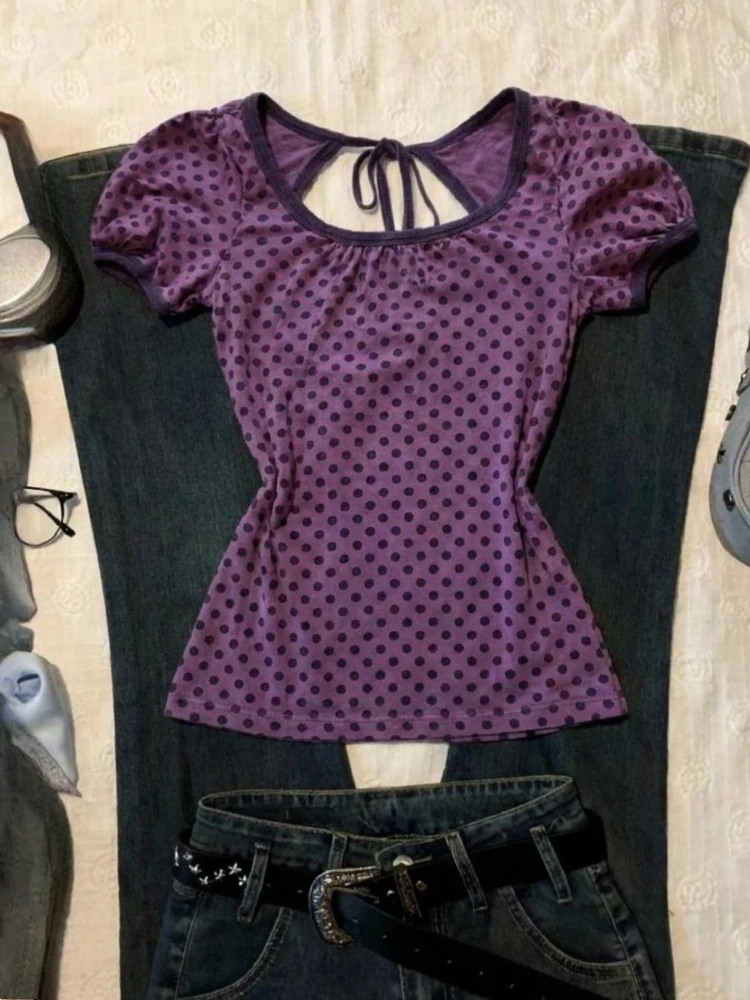 American Pure Sweet Purple Polka-dot Print Tops Women Backless Lace-up Bubble Sleeves Slim T-shirt New Sexy Y2k Clothing Summer
American Pure Sweet Purple Polka-dot Print Tops Women Backless Lace-up Bubble Sleeves Slim T-shirt New Sexy Y2k Clothing Summer