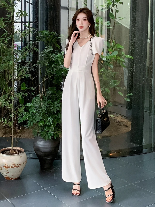 Slimming Wide Leg Jumpsuit V Neck High Waist Straight Cut Long Pants for Women Summer Commute Elegant Style Casual Pants
Slimming Wide Leg Jumpsuit V Neck High Waist Straight Cut Long Pants for Women Summer Commute Elegant Style Casual Pants
