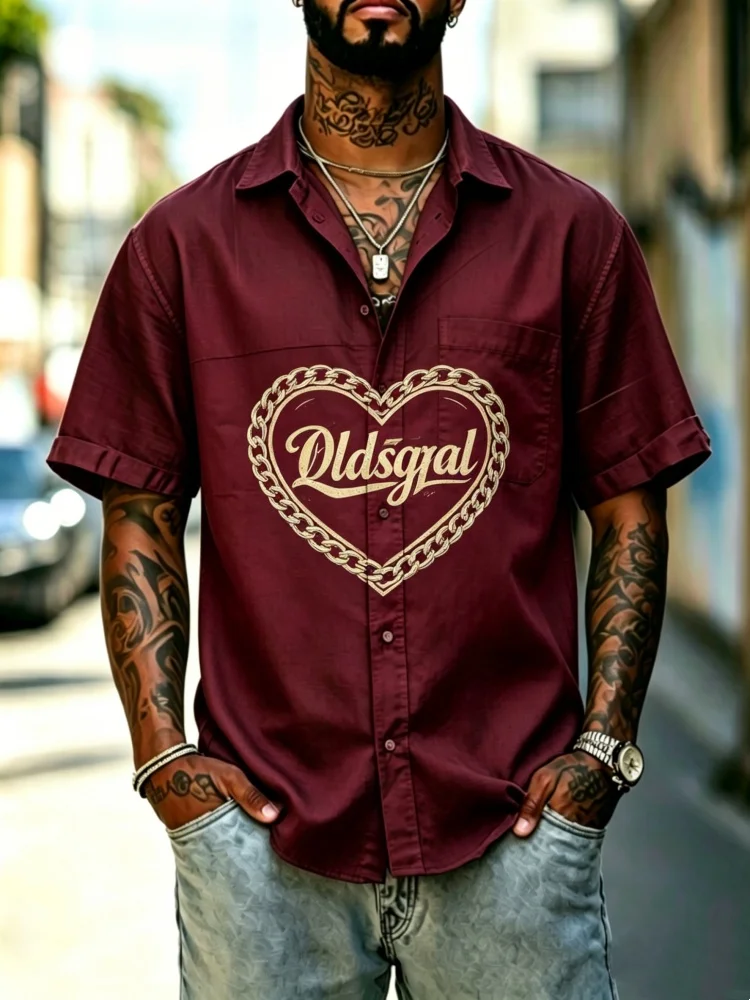 Men's Retro Heart Chain Print Short Sleeve Shirt With Chest Pocket, Loose Comfort Casual Button-Down Streetwear Top
Men's Retro Heart Chain Print Short Sleeve Shirt With Chest Pocket, Loose Comfort Casual Button-Down Streetwear Top