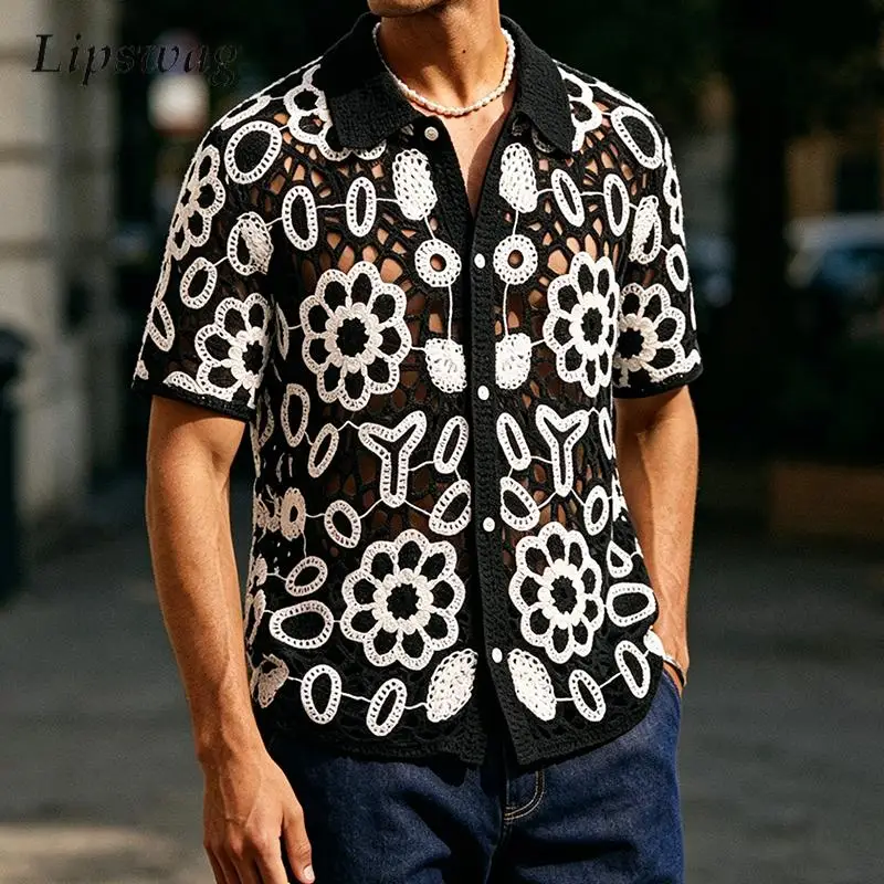 Sexy Hollow Out See Through Knit Shirt Mens Casual Button-up Lapel Short Sleeve Knitting Tops Men Stylish Florals Crochet Shirts
Sexy Hollow Out See Through Knit Shirt Mens Casual Button-up Lapel Short Sleeve Knitting Tops Men Stylish Florals Crochet Shirts