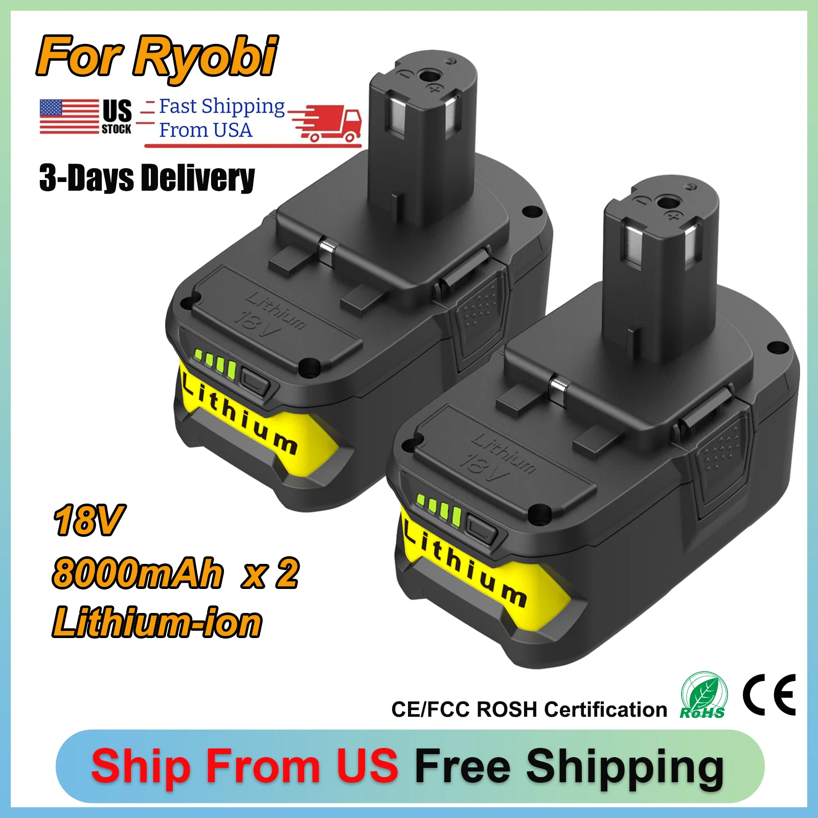 2Pcs 8.0Ah P108 Replace Battery for Ryobi 18V Cordless Tool Suit for 18Volt P109 P102 P104 P105 High Capacity Li-on Battery pin
2Pcs 8.0Ah P108 Replace Battery for Ryobi 18V Cordless Tool Suit for 18Volt P109 P102 P104 P105 High Capacity Li-on Battery pin