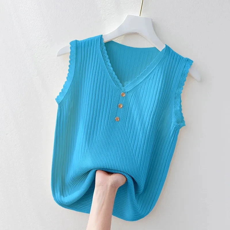 Summer Women Vest 2023 New Korean Button Lace V-Neck Ice Knit Bottom Tops Ladies Sleeveless Waistcoat Female Knitwear Vest White
Summer Women Vest 2023 New Korean Button Lace V-Neck Ice Knit Bottom Tops Ladies Sleeveless Waistcoat Female Knitwear Vest White