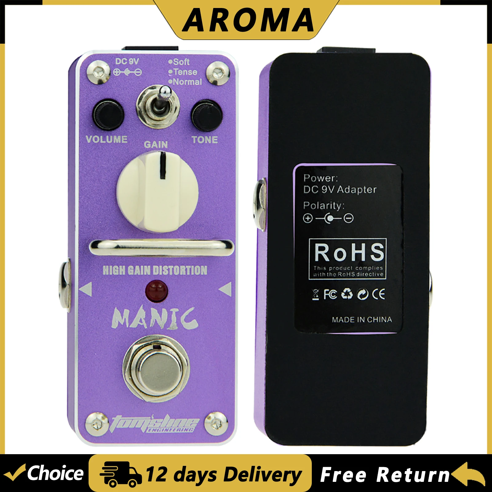 Гитарная педаль эффектов AROMA AMC-3 MANIC, педаль искажения с высоким коэффициентом усиления, мини-аналоговая True Bypass, детали для электрогитары, изящная, прочная
Гитарная педаль эффектов AROMA AMC-3 MANIC, педаль искажения с высоким коэффициентом усиления, мини-аналоговая True Bypass, детали для электрогитары, изящная, прочная