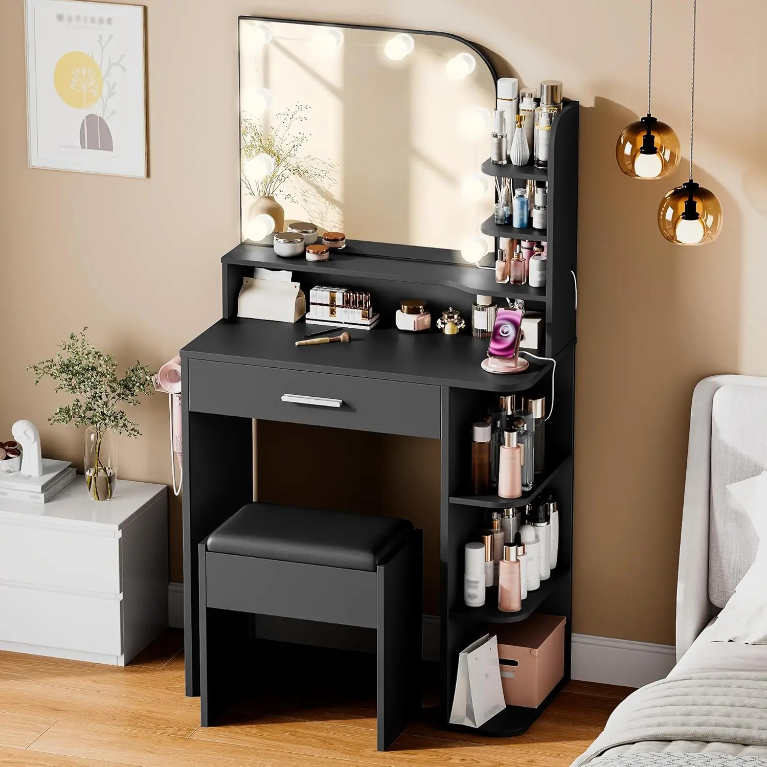 Small Vanity Desk with Large Mirror and Lights, 26.4" W Girls Vanity Set with Chair, Power Outlet, 6 Shelves + 1, Customized
Small Vanity Desk with Large Mirror and Lights, 26.4" W Girls Vanity Set with Chair, Power Outlet, 6 Shelves + 1, Customized