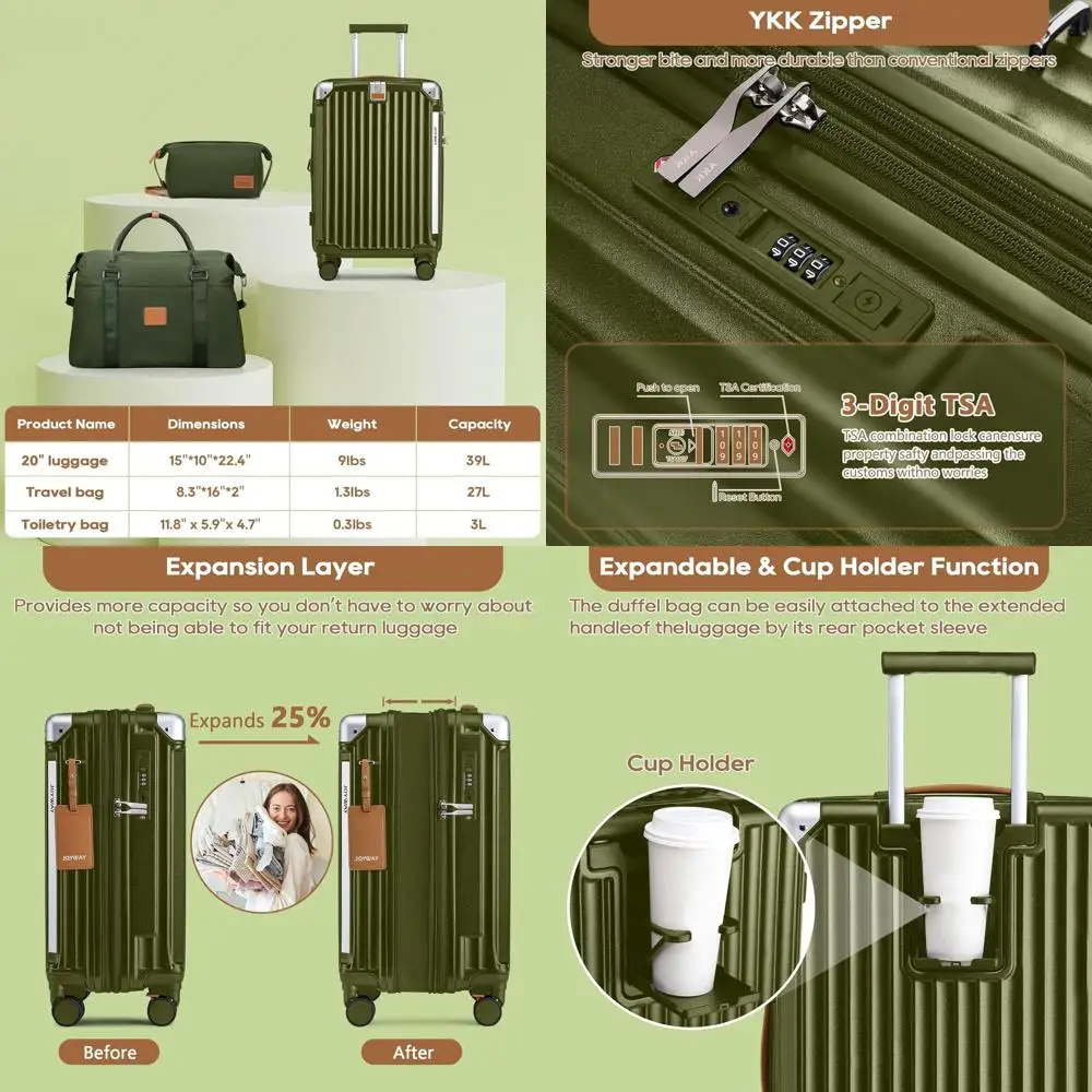 Расширяемый 20-темно-зеленый комплект багажа из трех предметов с подстаканником, USB-портом и противоскользящими колесами
Расширяемый 20-темно-зеленый комплект багажа из трех предметов с подстаканником, USB-портом и противоскользящими колесами