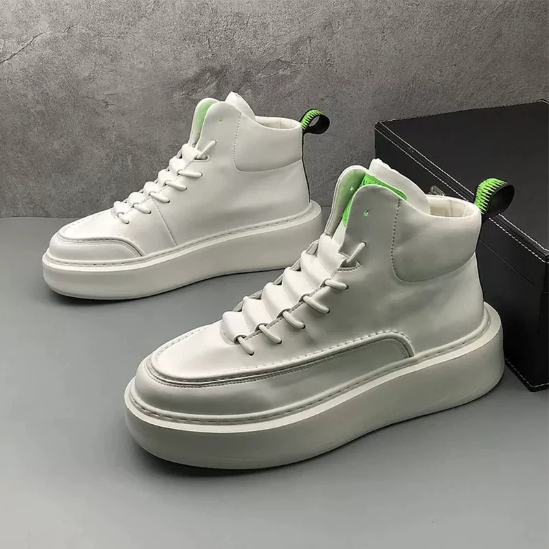 Кроссовки мужские высокие на платформе, Вулканизированная подошва, кожаные, удобная зимняя обувь для скейтборда, белые
Кроссовки мужские высокие на платформе, Вулканизированная подошва, кожаные, удобная зимняя обувь для скейтборда, белые