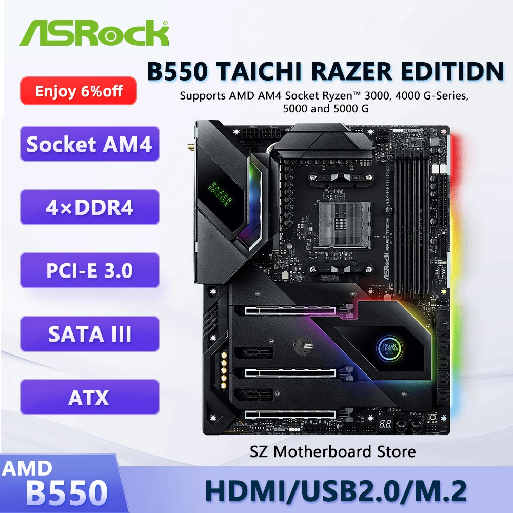 Материнская плата ASROCK B550 TAICHI RAZER EDITIDN AMD B550 AM4 для Ryzen 5/7/9 5600X 5800X3 5950X DDR4 M.2 HDMI Gaming ATXMotherboard
Материнская плата ASROCK B550 TAICHI RAZER EDITIDN AMD B550 AM4 для Ryzen 5/7/9 5600X 5800X3 5950X DDR4 M.2 HDMI Gaming ATXMotherboard