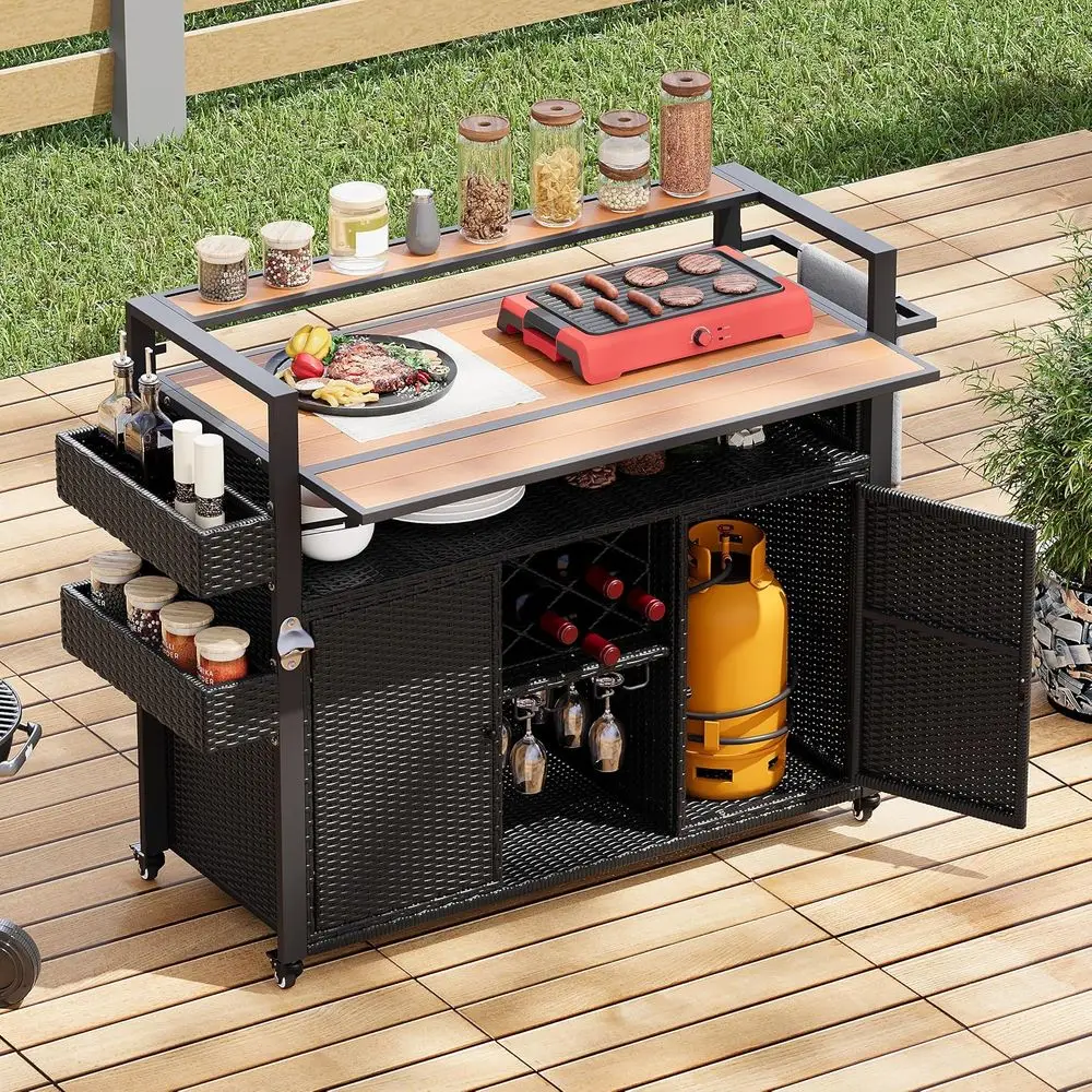 Outdoor Wicker Grill Cart with Extended Table, Rolling Kitchen Island, Cabinet & Double Handle for Patio, Backyard, or Poolside
Outdoor Wicker Grill Cart with Extended Table, Rolling Kitchen Island, Cabinet & Double Handle for Patio, Backyard, or Poolside