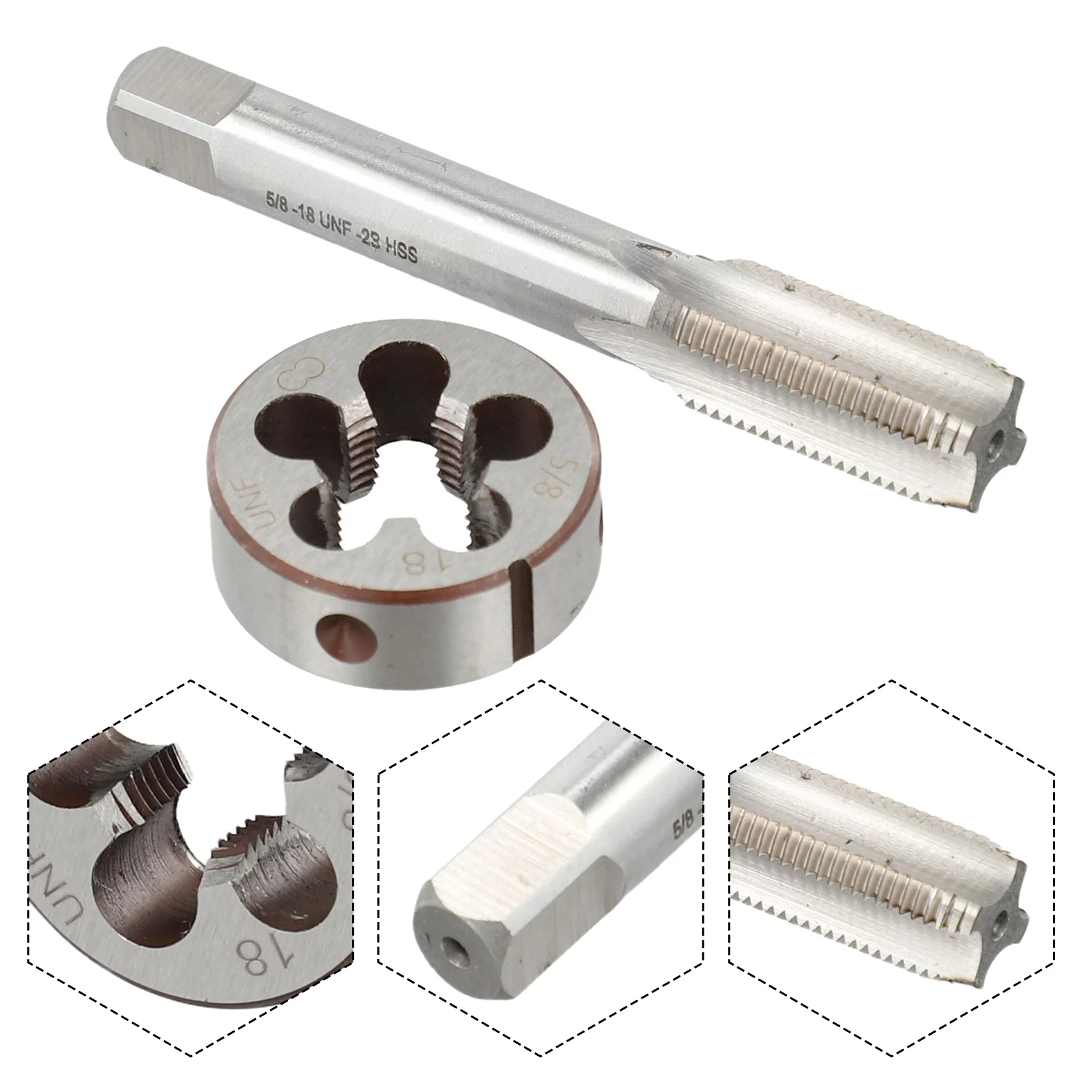 Hardened Steel Tapping Tool with Compatible Die Designed Specifically for Right Hand Threads Dimension Size 5/8 x Pitch 18UNF
Hardened Steel Tapping Tool with Compatible Die Designed Specifically for Right Hand Threads Dimension Size 5/8 x Pitch 18UNF