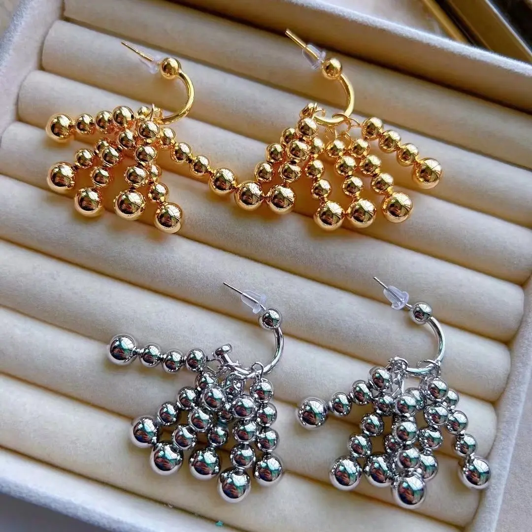 3 Pairs, Gold Color Layered Round Beaded Ball Long Tassel Drop Earrings Women's Back Hanging Earring Party Jewelry Accessories
3 Pairs, Gold Color Layered Round Beaded Ball Long Tassel Drop Earrings Women's Back Hanging Earring Party Jewelry Accessories