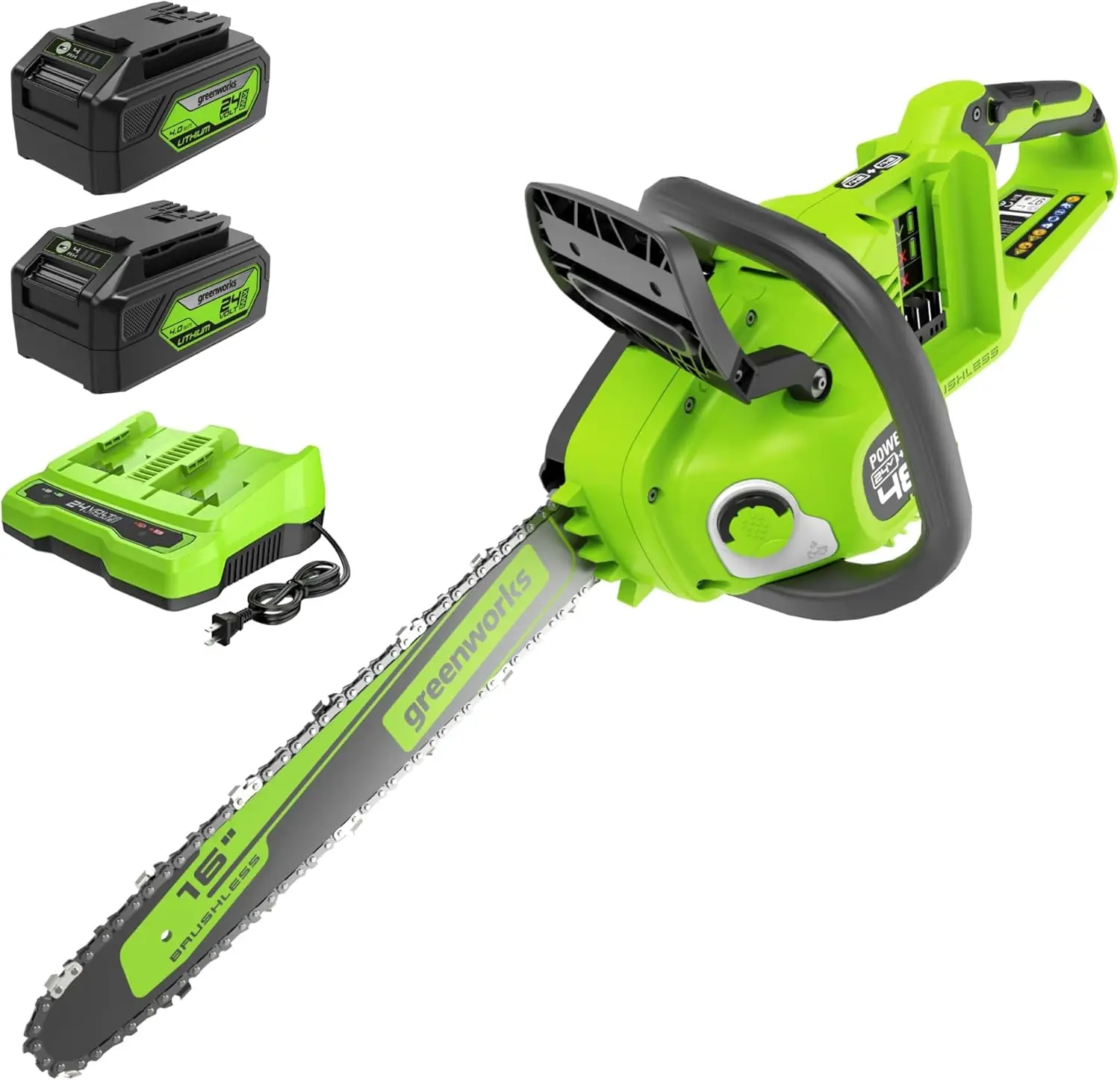 Greenworks 48V (24V x 2 ) 16" Brushless Cordless Chainsaw 2x 4.0Ah Batteries and Dual Port Rapid Charger Included
Greenworks 48V (24V x 2 ) 16" Brushless Cordless Chainsaw 2x 4.0Ah Batteries and Dual Port Rapid Charger Included
