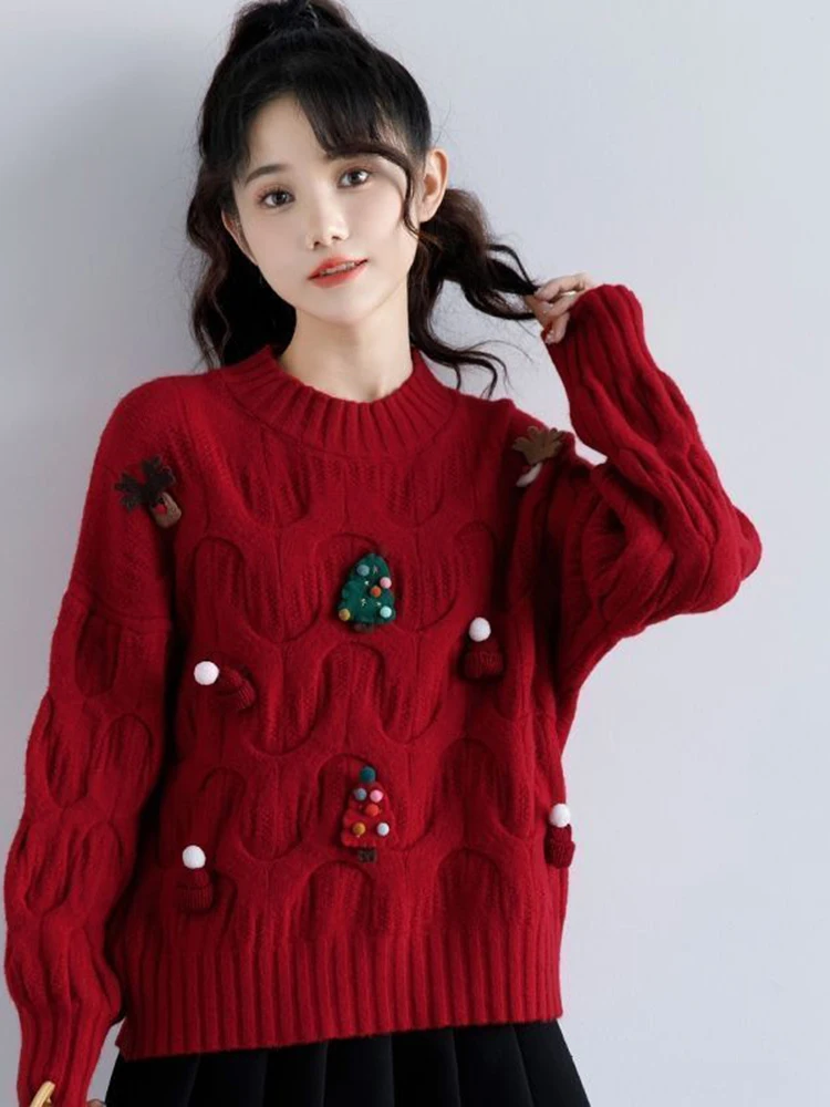 Autumn and winter new loose and fashionable three-dimensional Christmas element red knitted long sleeved sweater
Autumn and winter new loose and fashionable three-dimensional Christmas element red knitted long sleeved sweater