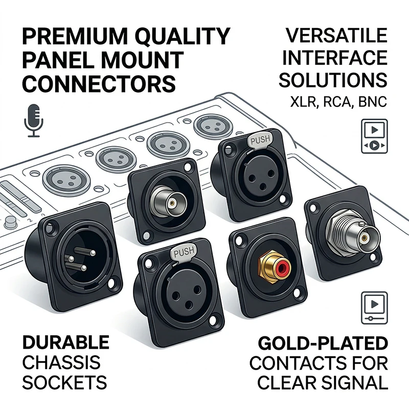 Industrial Grade D-Mount Connector Kit – XLR Mic, RCA Line, BNC Video Jacks with Metal Flange for Studio & Stage Use
Industrial Grade D-Mount Connector Kit – XLR Mic, RCA Line, BNC Video Jacks with Metal Flange for Studio & Stage Use