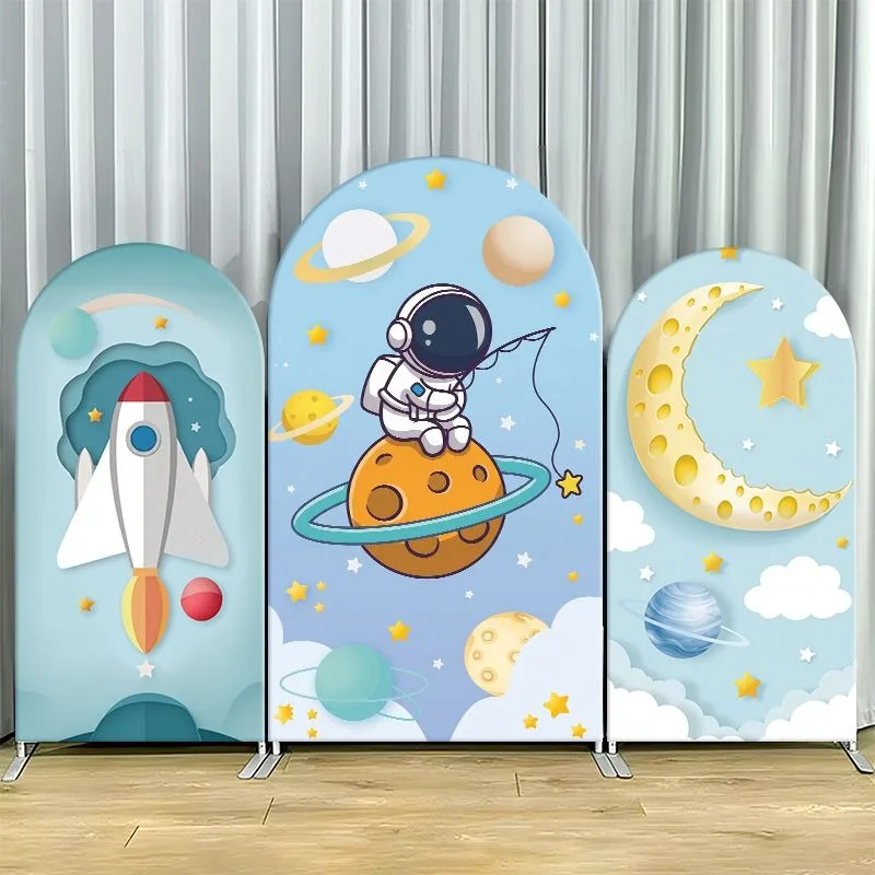 Single Side Arch Backdrop Cover Space Explorer Theme Party Backdrop Set Featuring Astronaut on Planet with Rocket Moon and Stars
Single Side Arch Backdrop Cover Space Explorer Theme Party Backdrop Set Featuring Astronaut on Planet with Rocket Moon and Stars