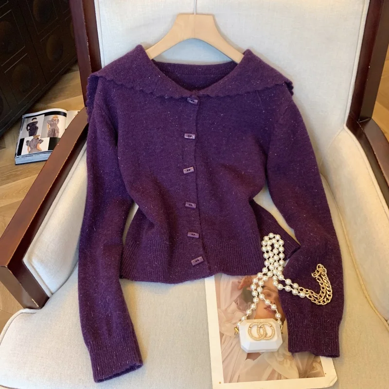 Women Purple Sailor Collar Cardigan 2000s Vintage Korean Style Jumper Knit Long Sleeves Cashmere Sweater For Women Autumn Winter
Women Purple Sailor Collar Cardigan 2000s Vintage Korean Style Jumper Knit Long Sleeves Cashmere Sweater For Women Autumn Winter