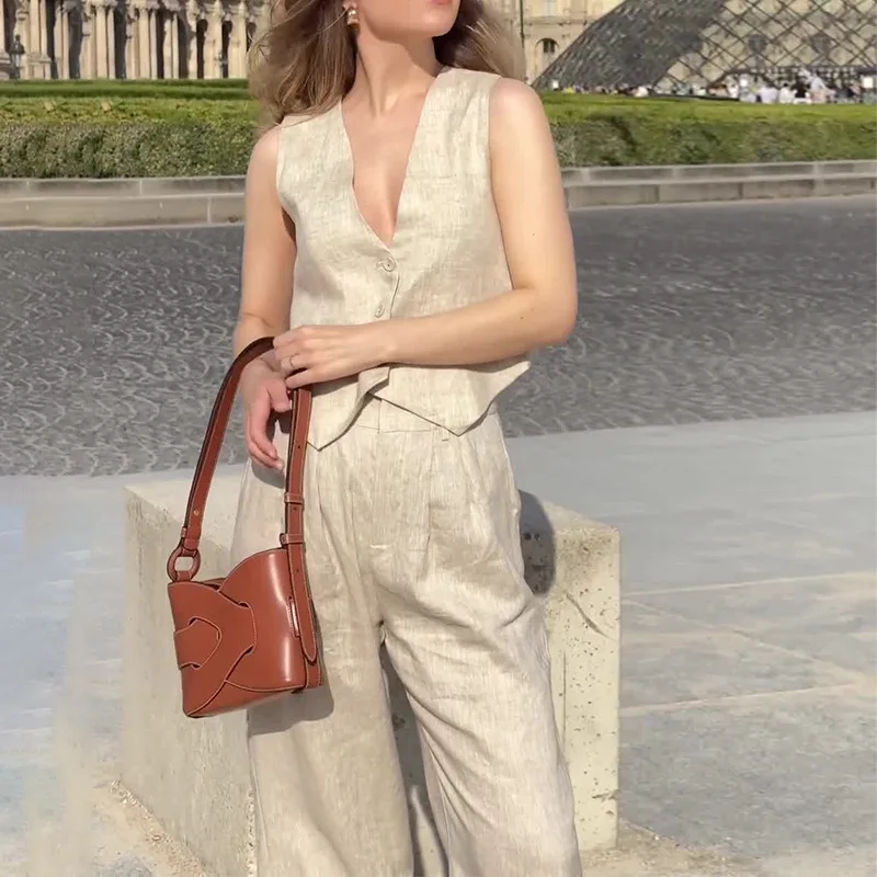 Сексуальный жилет с v-образным вырезом, однобортный женский комплект брюк, одинаковые комплекты, широкие брюки с высокой талией и карманами, однотонные свободные повседневные пуговицы 2025 
Сексуальный жилет с v-образным вырезом, однобортный женский комплект брюк, одинаковые комплекты, широкие брюки с высокой талией и карманами, однотонные свободные повседневные пуговицы 2025