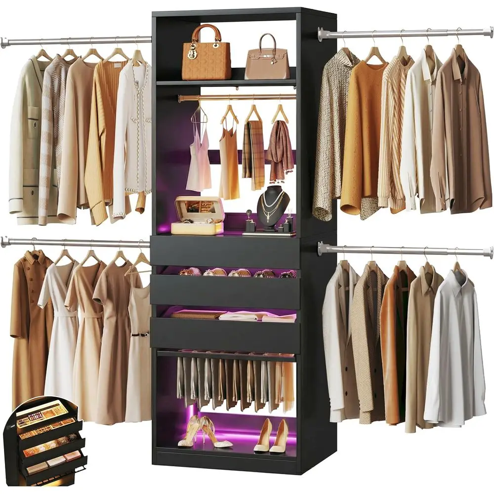 4-8T Wood & Glass Top Closet Organizer, 102 Walk-In with 5 Hang Rods, LED Lights, Trouser Rack, and Shelves
4-8T Wood & Glass Top Closet Organizer, 102 Walk-In with 5 Hang Rods, LED Lights, Trouser Rack, and Shelves