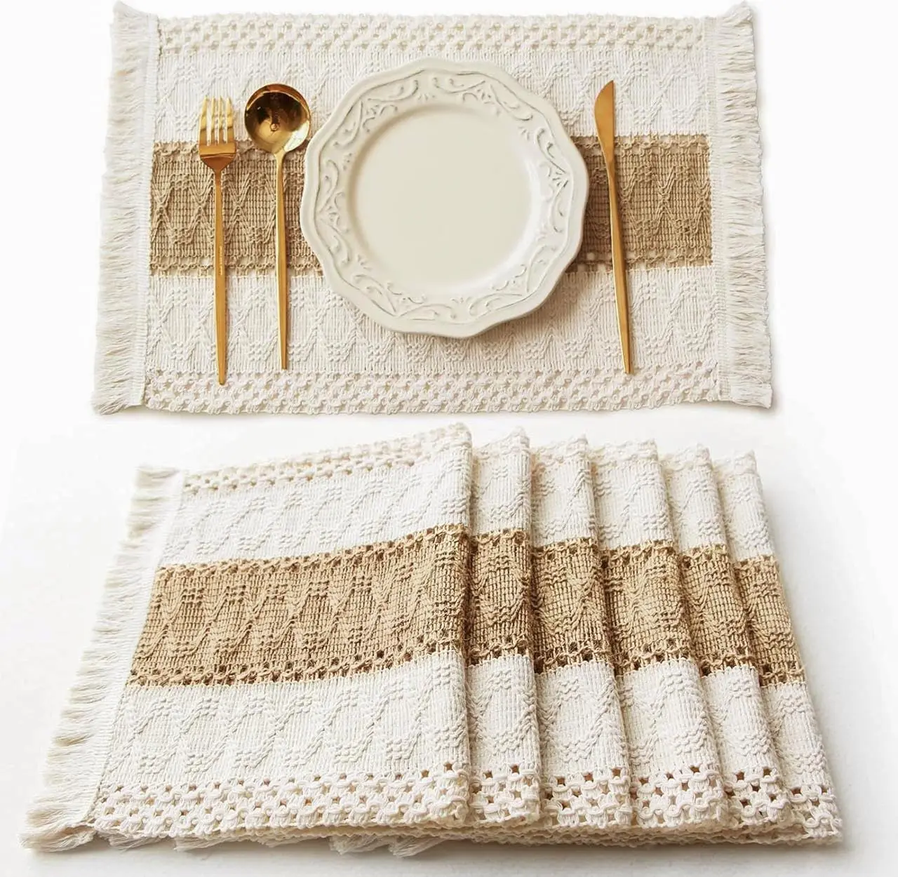 Boho Placemats Set of 6, Macrame Table Decor Farmhouse Style Natural Cotton Burlap for Kitchen Dining Home Decorations (Beige & Brown)
Boho Placemats Set of 6, Macrame Table Decor Farmhouse Style Natural Cotton Burlap for Kitchen Dining Home Decorations (Beige & Brown)