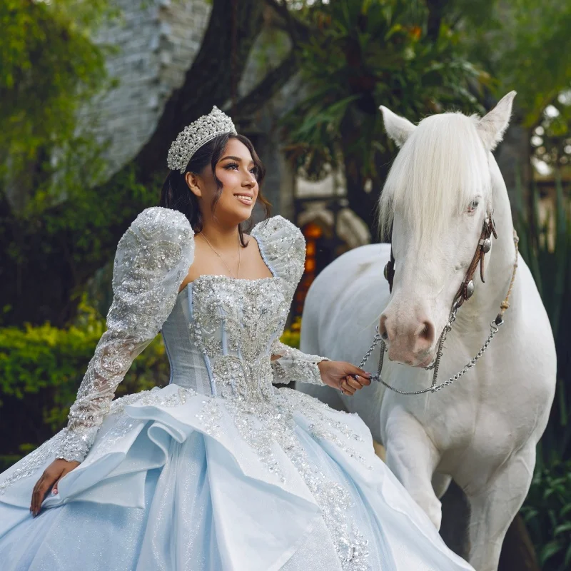 Light Blue Quinceanera Dress off-shoulder Sequins Crystal Decal Lace Long tail Big Bow vestidos de 15 Quinceanera Customize
Light Blue Quinceanera Dress off-shoulder Sequins Crystal Decal Lace Long tail Big Bow vestidos de 15 Quinceanera Customize