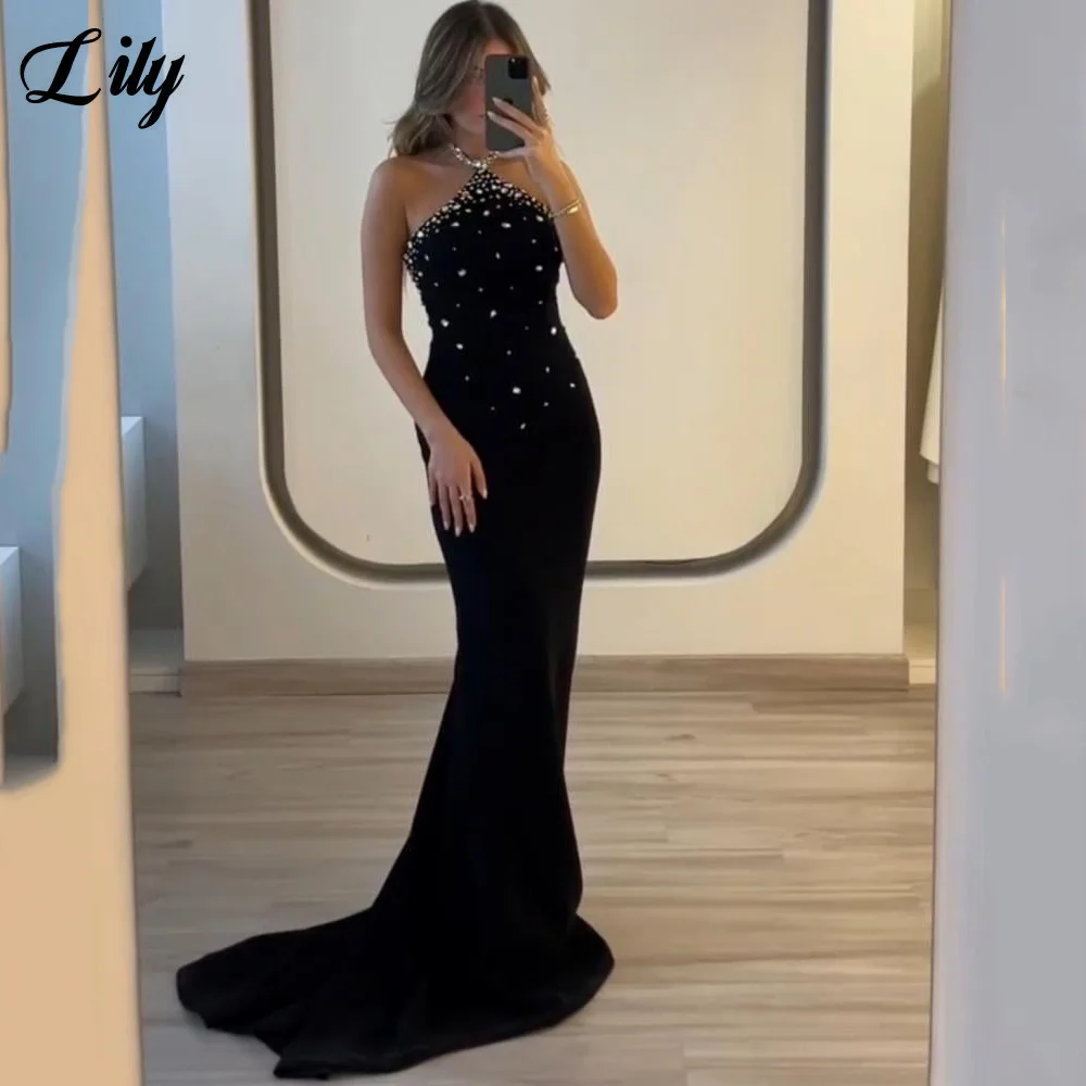 Lily Black Simple Evening Gown Halter Neck Prom Dresses Sleeveless Wedding Evening Dress with Crystal robes de soirée Customized
Lily Black Simple Evening Gown Halter Neck Prom Dresses Sleeveless Wedding Evening Dress with Crystal robes de soirée Customized