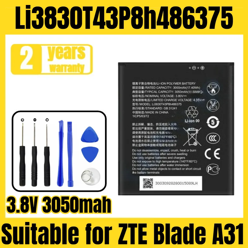 Suitable for ZTE Blade A31 battery Li3830T43P8h486375 mobile phone battery, new large capacity, free tool 3.8V 3050mah
Suitable for ZTE Blade A31 battery Li3830T43P8h486375 mobile phone battery, new large capacity, free tool 3.8V 3050mah