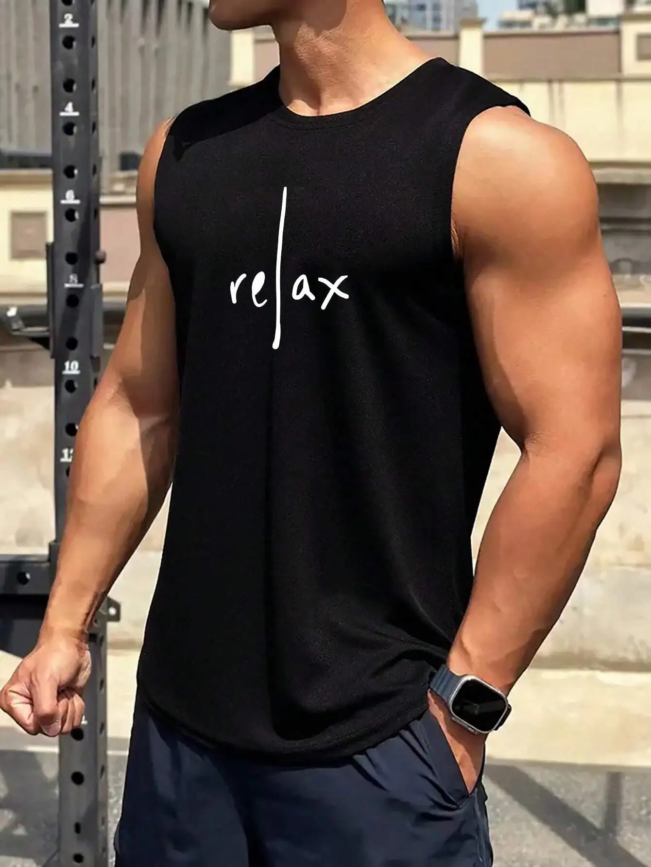 Men's Black Crew Neck Tank Top with Minimalist Script Print
Men's Black Crew Neck Tank Top with Minimalist Script Print