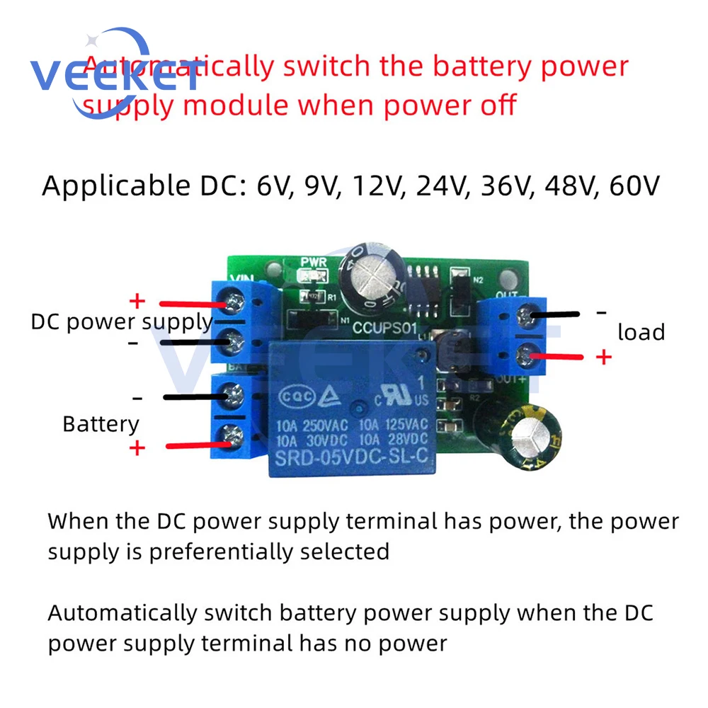 UPS Power Failure Protection Module DC6V-60V Automatic Switching Emergency Power Controller Battery Protector Stable Performance
UPS Power Failure Protection Module DC6V-60V Automatic Switching Emergency Power Controller Battery Protector Stable Performance