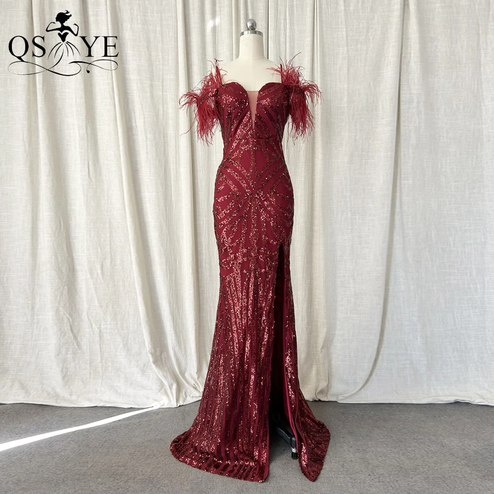 Feathers Dark Red Long Prom Dresses Off Shoulder Pattern Sequin Spaghetti Straps Evening Gown Sweetheart Neck Split Party Dress
Feathers Dark Red Long Prom Dresses Off Shoulder Pattern Sequin Spaghetti Straps Evening Gown Sweetheart Neck Split Party Dress