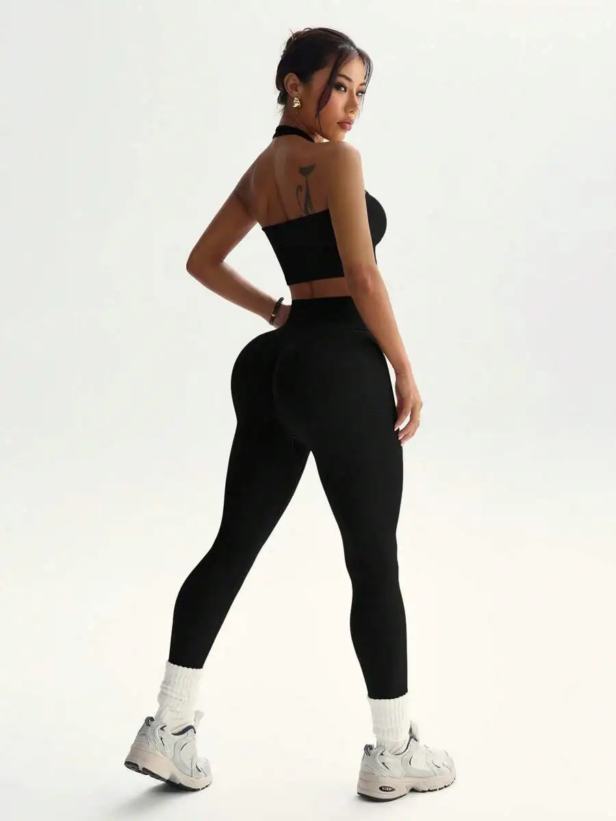 Women Solid Cropped Halter Neck Tank Top And High Waist Leggings Sports Set
Women Solid Cropped Halter Neck Tank Top And High Waist Leggings Sports Set
