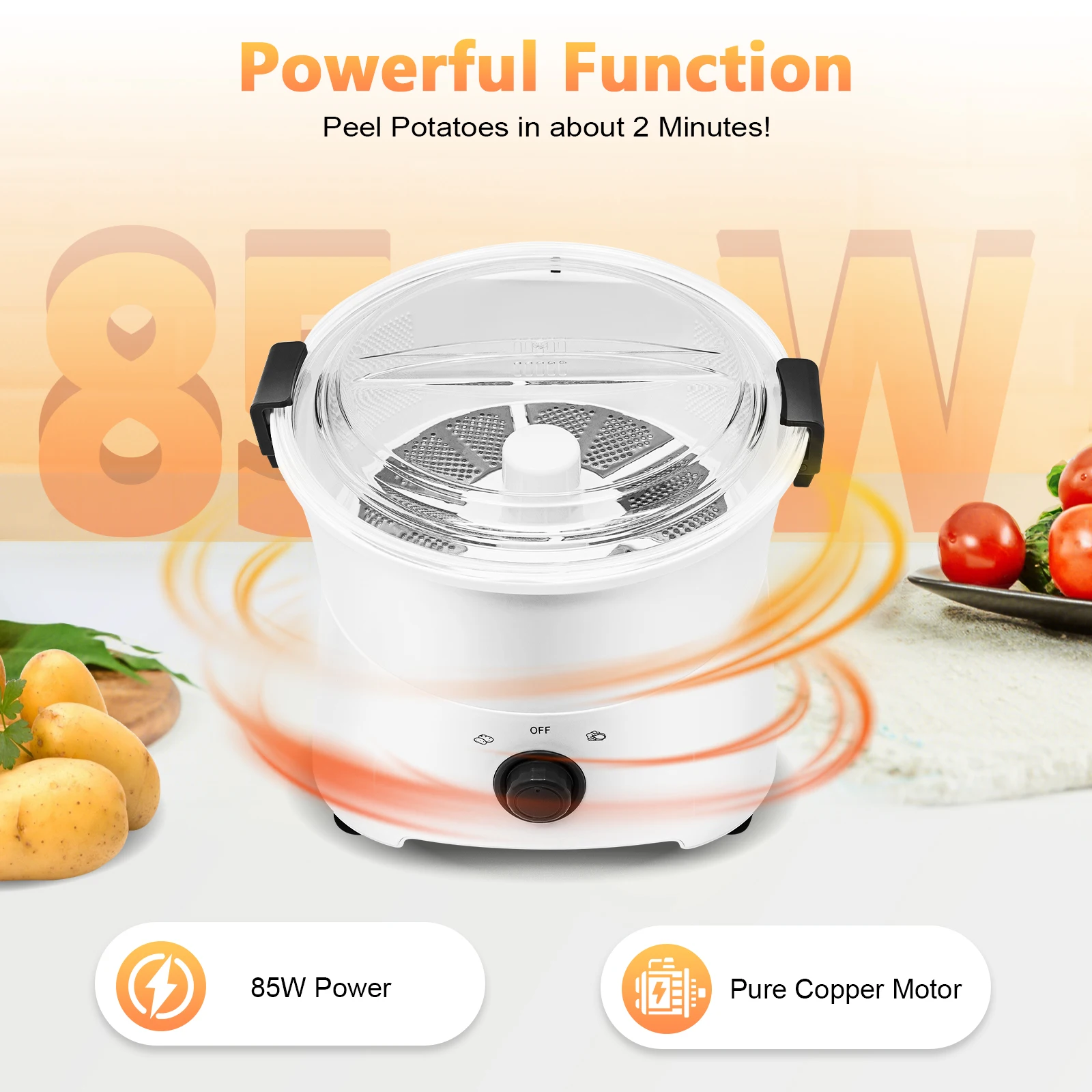 Kitchen White Electric Potato Peeler One-button Drive Automatic Peeler Spinner Pure Copper Motor 85W 110-120V
Kitchen White Electric Potato Peeler One-button Drive Automatic Peeler Spinner Pure Copper Motor 85W 110-120V